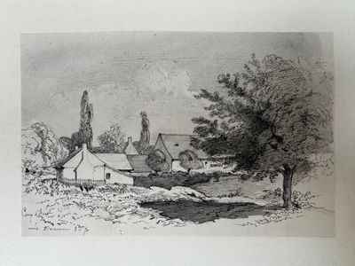an old drawing of a village with a river in the foreground and a tree in the foreground
