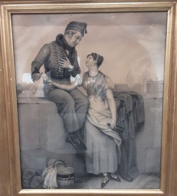 tableau représentant un homme et une femme assis sur un rebord