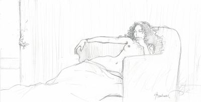 dessin représentant une femme assise sur une chaise dans une pièce