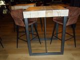 tables and chairs in a restaurant with a wooden table and brown chairs