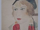 tableau représentant une femme portant un foulard rouge et un chapeau noir