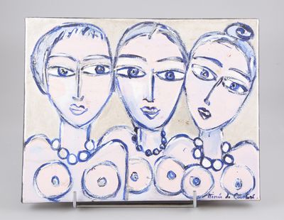 un tableau représentant trois femmes avec des lunettes posées sur une table