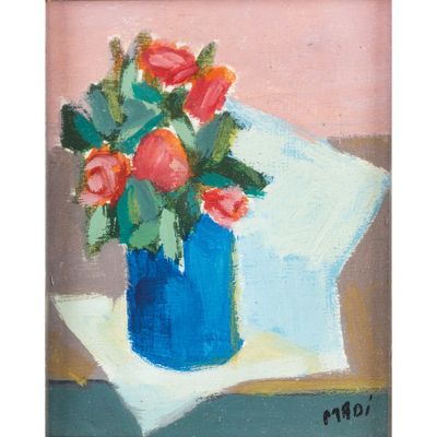 une peinture de fleurs dans un vase bleu sur une table
