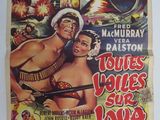 une vieille affiche de cinéma représentant un homme et une femme en bikini
