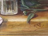 a painting of a pink rose and a glass of water on a table
