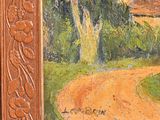 an image of a painting of a dirt road with trees in the background