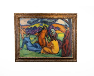 an oil painting of a group of people sitting in a field