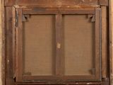 a close up of a painting of a window with a wooden frame
