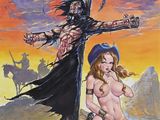 a painting of a woman holding a gun next to a man with a sword