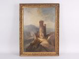 an old painting of a castle on a mountain with a man sitting on a rock