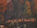 a painting of cows in a field with trees in the background