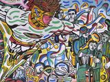 un tableau représentant un homme à cheval entouré de personnes