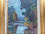 an oil painting of a river with trees in the background