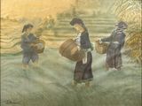 un tableau représentant trois femmes portant des paniers dans un champ