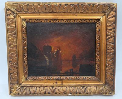 an oil painting of a castle with a fire in the sky