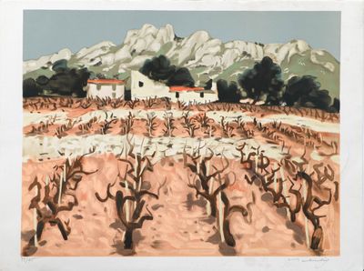 une peinture d'une maison au milieu d'un champ