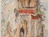 an image of a watercolor painting of a building with a man in the doorway