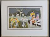 painting of a group of people sitting on a bench in a park