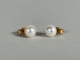 a pair of pearl stud earrings on a white surface