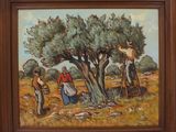 une peinture à l'huile représentant un groupe de personnes travaillant dans un champ
