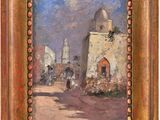 an oil painting of a street scene with a church in the background