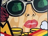 a painting of a woman with sunglasses and money on her face