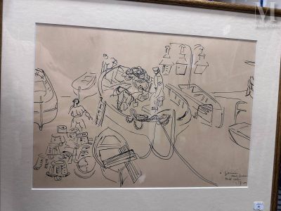 une photo représentant un dessin d'une cuisine avec une table et des chaises