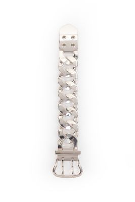a close up of a metal watch strap on a white surface