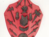 a picture of a red shield with various items on it