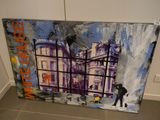 a painting of a man standing in front of a building