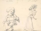 two drawings of a woman and a man in formal clothing