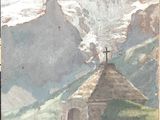 a painting of a small building in the middle of a mountain