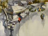 un tableau représentant des gens marchant dans la rue sous la neige