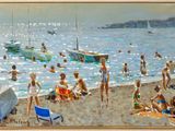 un tableau représentant des personnes sur la plage avec des bateaux dans l'eau
