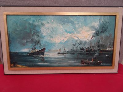 peinture représentant un tableau d'un navire sur un plan d'eau, avec d'autres navires en arrière-plan