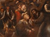 painting of a group of people standing around a man on a horse