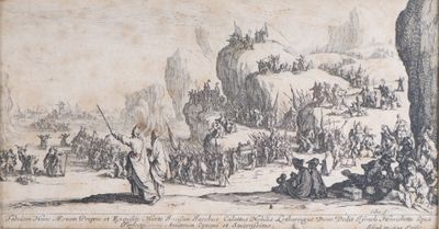 an old drawing of a man standing in front of a crowd of people