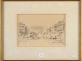 an image of a drawing of a street scene with a horse drawn carriage in the foreground