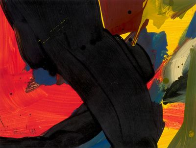 abstract painting of black, red, yellow, and blue colors on a white background