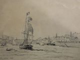 a drawing of a boat in the water with buildings in the background