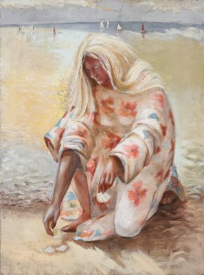tableau représentant une femme assise sur la plage, les pieds dans le sable