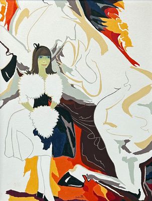 un tableau représentant une femme à cheval, avec un homme sur le dos