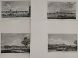 four black and white pictures of a river with a bridge in the distance