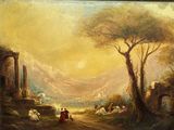 painting of a painting of a landscape with people and animals in the foreground