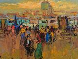 an oil painting of a group of people walking on a beach