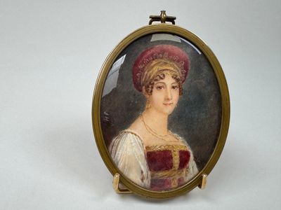 tableau représentant une femme portant un chapeau rouge et une robe blanche