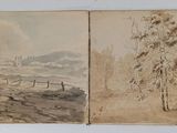 two drawings of a landscape with trees and a mountain in the distance