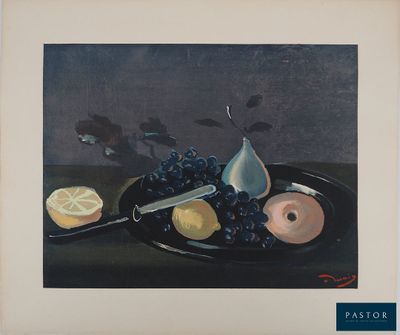 an image of a painting of a plate of fruit and a knife