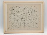 un dessin abstrait composé de lignes noires et blanches sur un fond beige