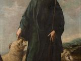 a painting of a man with a staff and sheep in a field